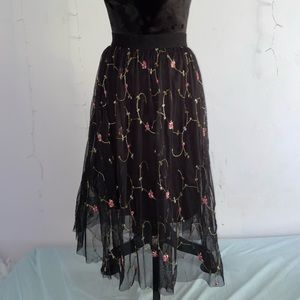 Sheer Tulle Floral Embroidered Tea Length Skirt